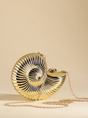 Gold Nautilus Shell Clutch Crossbody Purse Metallic Hard Case Evening Bag